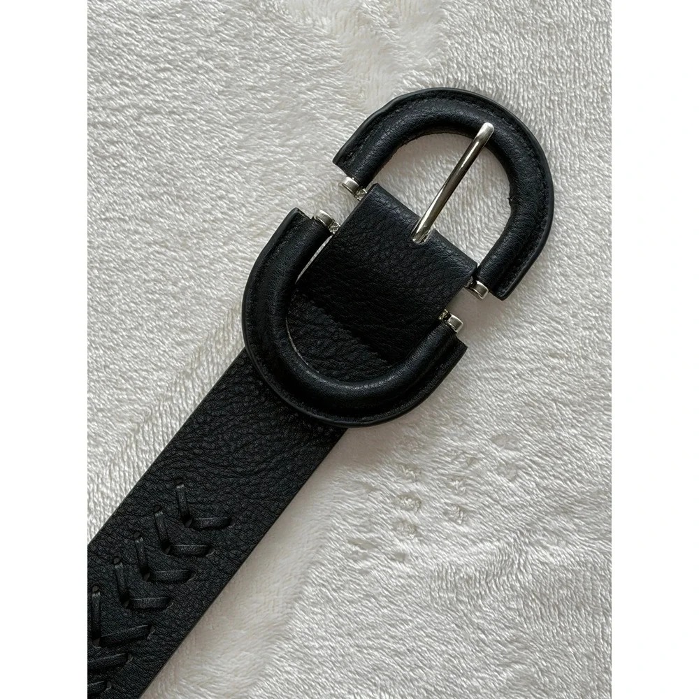 Vince Camuto Black Whipstitch Horseshoe Buckle Belt Women Small NWT